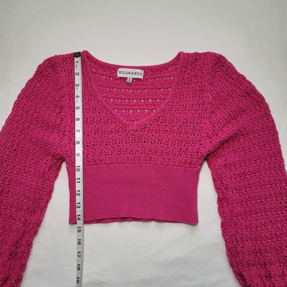 Willow & Wind Knit Cropped V-Neck Sweater Fuchsia Crochet Small Boho - Picture 7 of 10